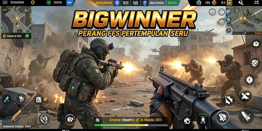 Tangkapan layar gameplay BIGWINNER menampilkan aksi tembak-menembak yang intens.