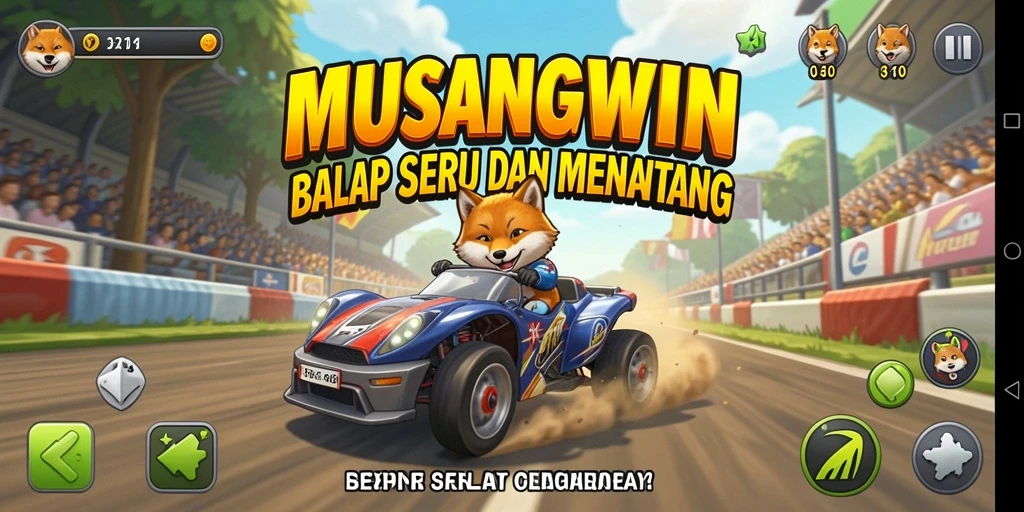 Tangkapan layar gameplay <strong>MUSANGWIN</strong> yang menunjukkan aksi balapan yang cepat dan penuh aksi.