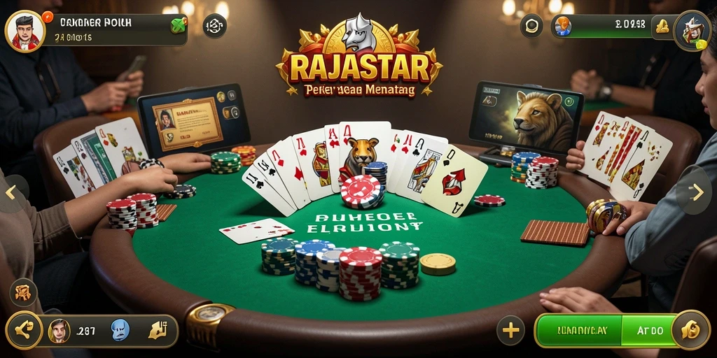 Screenshot permainan RAJASTAR menampilkan aksi seru dalam permainan poker.
