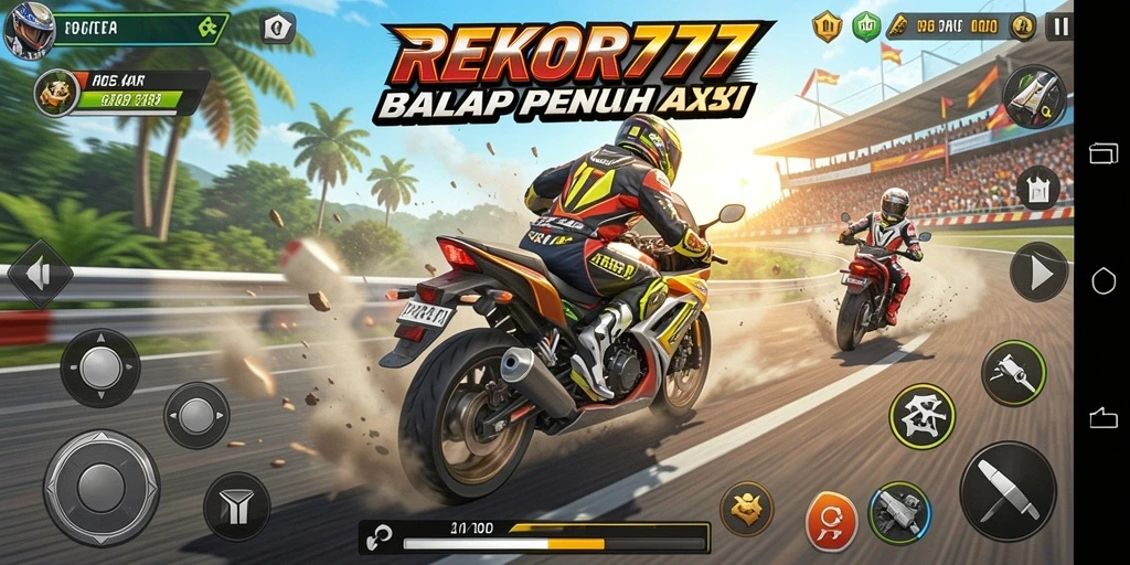 Screenshot gameplay REKOR777 menampilkan aksi balap motor penuh adrenalin.