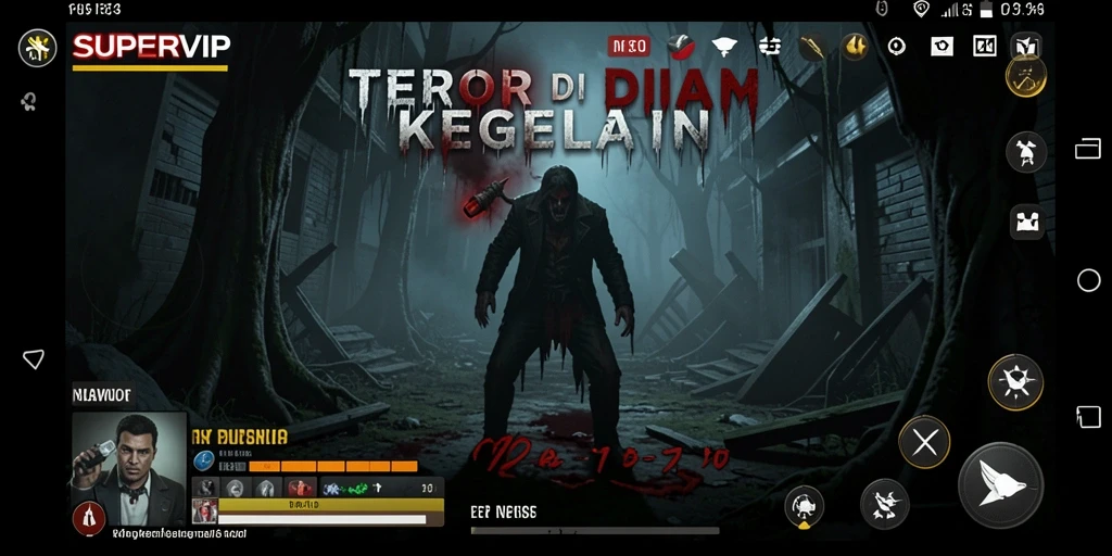 Screenshot gameplay SUPERVIP menunjukkan momen menegangkan di kegelapan.